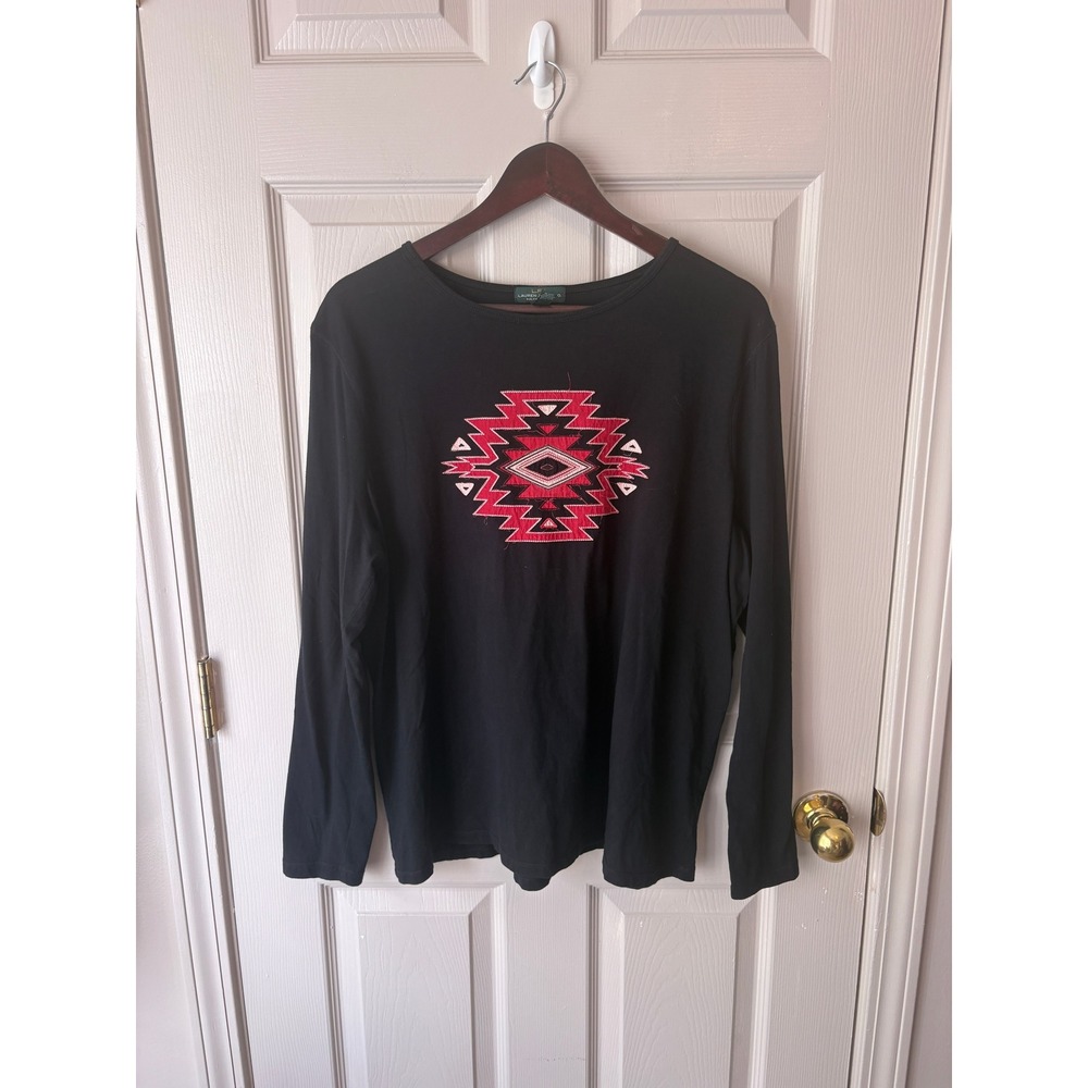 Lauren Ralph Lauren Top Women 1X Black Southwestern Graphic Long Sleeve Tee